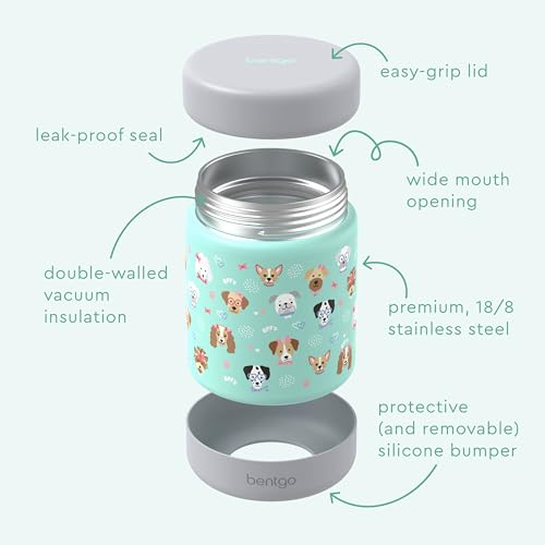 Image of Bentgo Kids Stainless Steel Leak-Proof Food Jar for Hot or Cold Food | 11 fl oz Double Insulated Container with Removable Silicone Bumper, Dishwasher Safe, Easy Open Lid, Ages 3+ (Puppy Love)