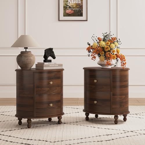 Image of Chogori Solid Wood End Table Set of 2 - Elegant Pine Side Tables with 2 Drawers, Compact & Versatile Nightstand for Living Room, Bedroom, or Small Spaces - Easy Assembly & Timeless Design(Walnut)