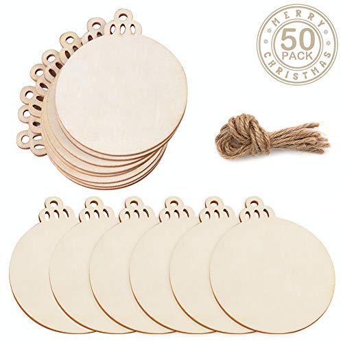 OurWarm Lot de 50 boules de Noël en bois rondes avec trous, disques en bois naturel non fini de 8,9 cm, bricolage, décorations de Noël à suspendre Cover