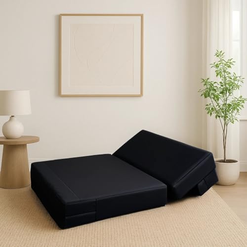 Image of PUM PUM 2-Seater Sofa Cum Bed | EPE Foam Foldable Couch with Velvet Fabric & Washable Cover | Convertible Sofa Bed for Home, Living Room & Office Guests | 3 x 6 Ft (Black)