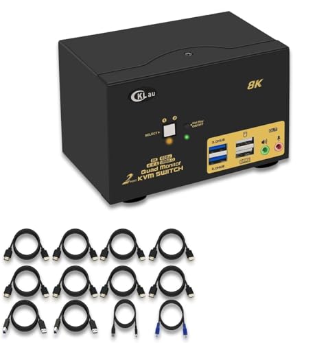CKLau 2 Port USB 3.0 Quad Monitor KVM Switch HDMI 2.1 8K@60Hz 4K@144Hz with Audio Output and All Input Cable, 2 PCs 4 Monitors Video Keyboard Mouse Peripheral Sharing Switcher