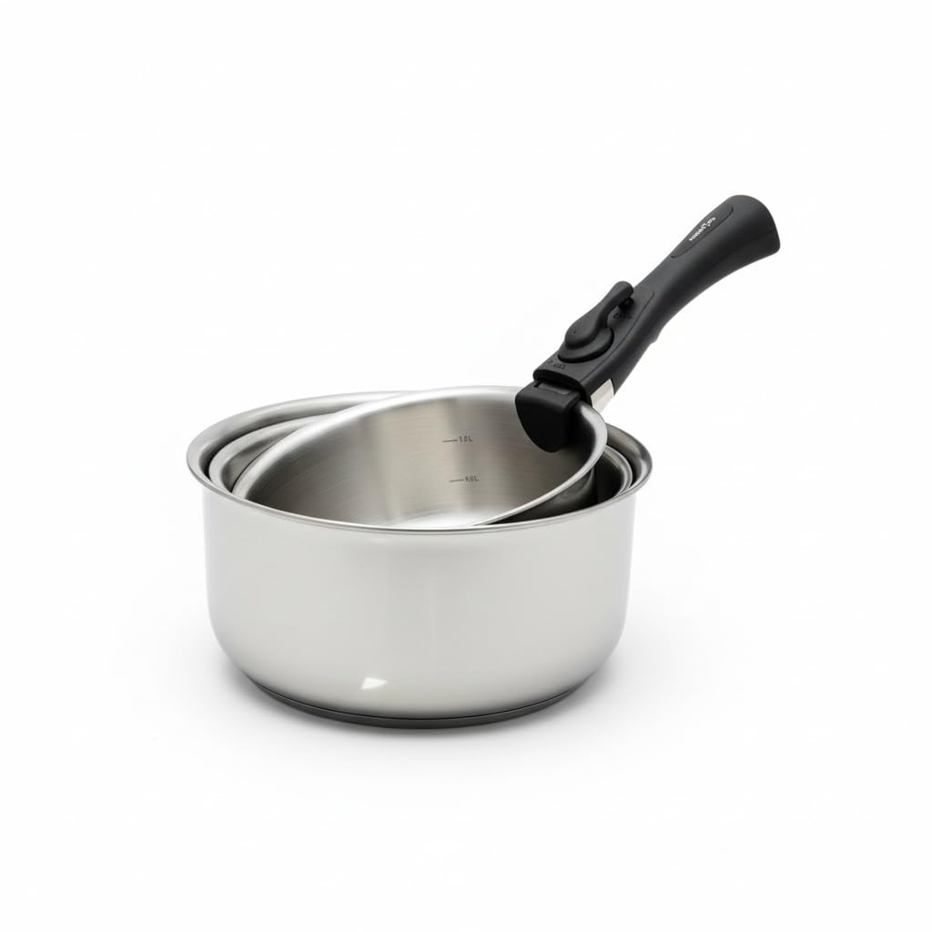 Set de 3 casseroles en inox 18/10 avec manche amovible-16/18/20cm-Sans PFAS/PTFE/PFOA – Empilables, gain de place, tous feux dont induction – Passe au four (sans poignée) et au lave-vaisselle