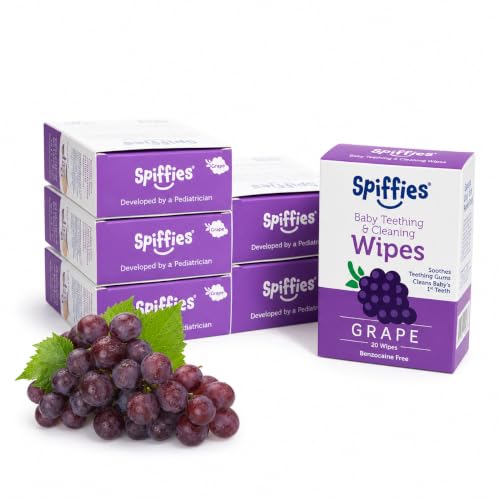 Spiffies Baby Teeth Wipes - Grape Flavor, Xylitol-Enriched Baby Gum Cleaner & Dental Wipes for Teething Relief and Teeth Cleaning - Safe for Infants & Toddlers, 20 Count (Pack of 6)