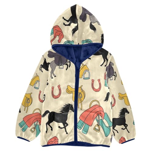 Horse Riding Gear Pattern Toddler Fleece Jacket Girl Boys Hooded Fleece Jacket Coat Warm Outwear Zip-up 3-10T
