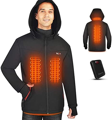 IHeat Men's Heated Jacket Soft Shell,Winter Jacket Heated Hoodie, Warm Coat with 14400 mAh Battery Pack (Black)