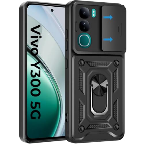 Image of A rtistque Armor Bumper Back Case Cover for Vivo Y300 5G | Ring Holder & Inbuilt Stand | Sliding Camera Cover | Shockproof Protective Design | Vivo Y300 Back Cover - Black
