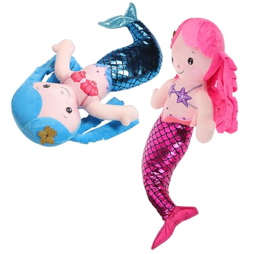 Hohopeti 2 Peluches de Sirena de Dibujos Animados 30 Cm, Almohadas Suaves y Abrazables en Azul y Rojo, Muñecos de Peluche para Niñas, Regalos Infantiles para Dormir y Decoración