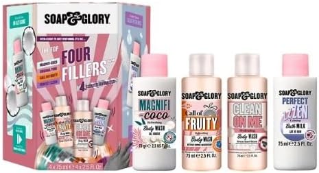 Soap & Glory - The Top Four Fillers Gift Set - Box of 4 x 75ml Shower Gel and Bath Milk - Gorgeous Bath and Body Gift Box - Soap & Glory Miniatures Collection โ Toiletry Set โ Delectable Scents