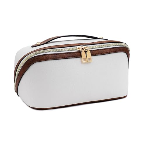 Sprfragrance Stylish Makeup Bag Organizer Travel Case for Women Cosmetic Bag for Toiletries and Makeup Waterproof Leather Cosmetic Bag Perfect Fit Home or on the Go (B-White/Brown)