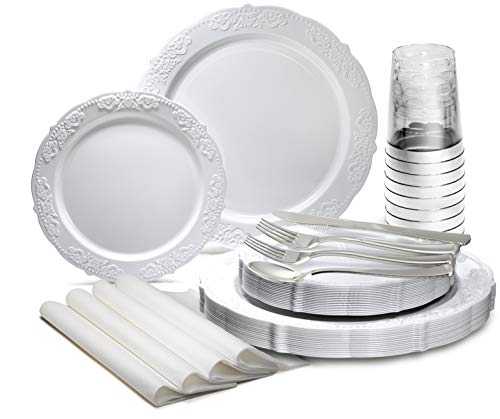 Flash Sale " OCCASIONS" 640 Piece set (80 Guests)-Vintage Wedding Party Disposable Plastic Plates & cutlery -80 x 10.25'' + 80 x 7.5'' + Silverware + Cups + Napkins (Portofino Plain White)