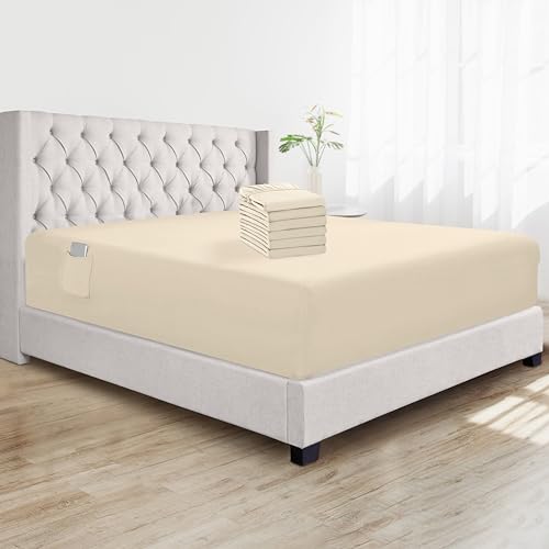 Elegant Comfort Super Soft Bulk 6-Pack Extra Deep Pocket 1500 Premium Hotel Quality Microfiber Fitted Sheet for High Mattress up to 21" inch with Double Sided Smart Pockets, Full, Cream