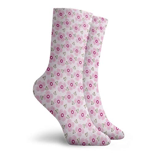 Fashion Compression Socks,Pink Blossoms With Dotted Petals And Leaves Girlish Kids Nursery,Performance Polyester Cushioned Athletic Crew Socks for Running,Athletic, -12 inch2