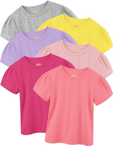 Baby Girl Tshirt 6 Pack, Puff Sleeve Baby Shirts for Girls with Round Neck, Cotton Short-Sleeve T Shirts for Girls Multicolor, 2T