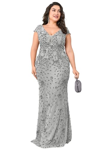 Image of Plus Size Womens Sequined Long Evening Gown Glamous Sleeveless V-Neck Mermaid Prom Dress for Wedding Party