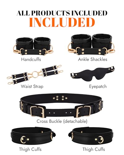 Image of UTIMI Sex Bondage BDSM Kit Restraints Adult SM 6PCS Sets with Adjustable Handcuffs Ankle Cuff Thigh Cuffs Waist Strap Blindfold Cross Strap Sex Toys for Men Women and Couples, Black