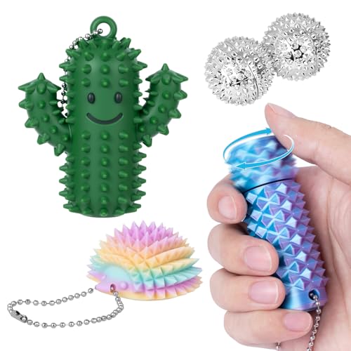 4 PCS Little Ouchies Pain Fidget, Pain Stim Fidgets for Adults, Spinning Spiky Roller Fidget - Pain Stim Tool Sensory Toy for Anxiety & Stress Relief, 3D Printed Grippie Stim Keychain Gifts for Adults