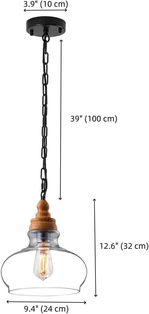 Farmhouse Clear Glass Pendant Light Rustic Wood Grain Hanging Lamp Kit Retro Glass Shade 1-Light Single Dome Pendant Light Coastal Glass Pendant Lighting for Kitchen Island, Black Chain