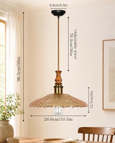 Image of Homesake Botanica Pendant Lamp | Petal Scalloped Glass Hanging Light with Solid Wood Top | Vintage European Ceiling Fixture, Pendant Light for Home Decor, Hallway, Kitchen & Balcony, (Ripple, Yellow)