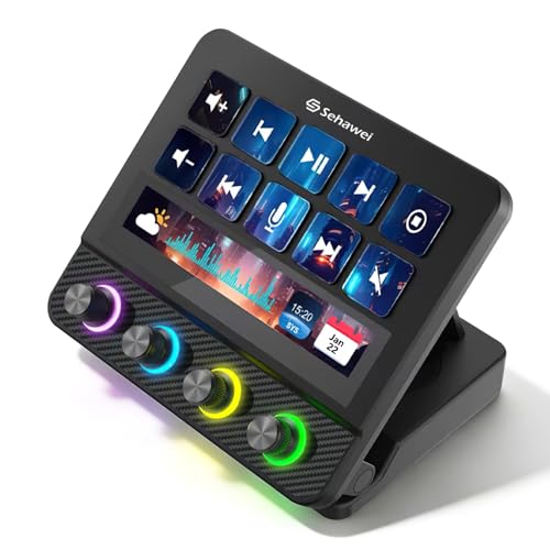Sehawei Stream Controller Deck,Controlador de Estudio,10 Teclas Macro,4 Customized knobs,Touch Screen,Activa acciones en apps y Software como OBS, Twitch, Youtube y Otros, Funciona en Mac y PC