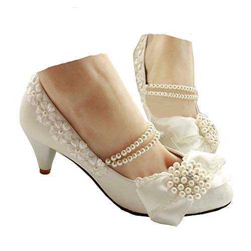 getmorebeauty Women's Pearls Lace Weave Flower Kitten Heel Wedding Shoes