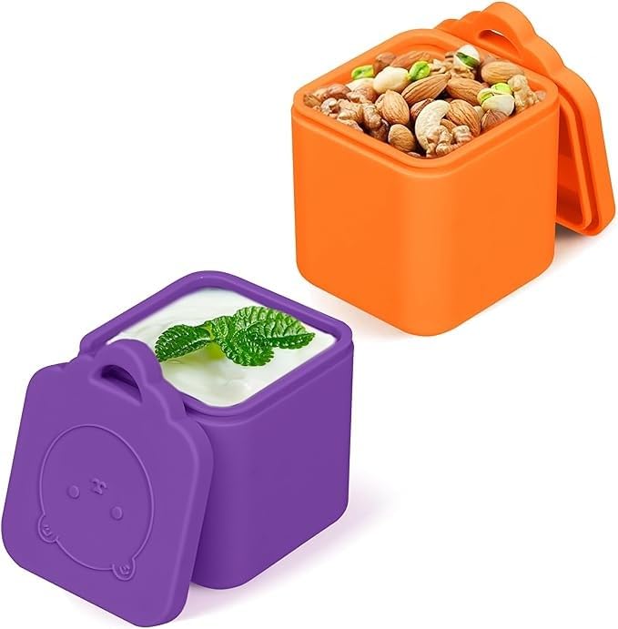 Leakproof Dips Containers Compatible Bento Lunch Box Salad Small food safe Silicone Snack Condiment Silicone School Lunch Food Fruit Box Kids Picnic Travel (2 Pack)(Purple/Orange)… ((Orange/Purple))
