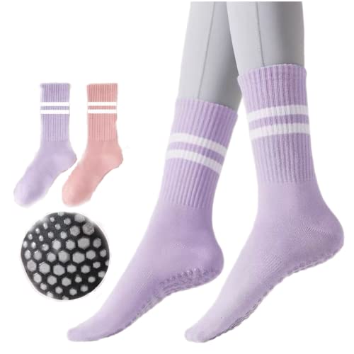 SOOZEE 2 Pairs of Grip Socks for Women Pilates Non Slip Socks Womens Pilates Socks with Grips for Women Grippers Socks No Slip Socks Women (2 Pairs [Pink+Purple])