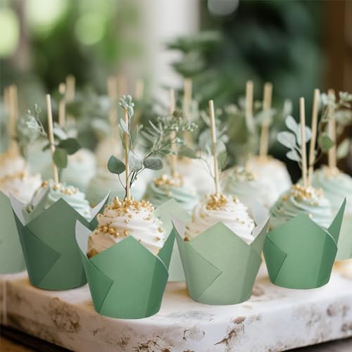 Whaline 400Pcs Sage Green Tulip Cupcake Liners Greaseproof Muffin Baking Liners Green Gradient Tulip Cupcake Wrappers Baking Cup for Bridal Baby Shower Wedding Birthday Party Decor by Whaline - Used condition - Image 6