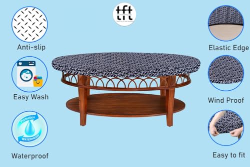 Image of The Furnishing Tree Elastic Oval Center Table Cover WxL 30x48 in Inches Polyester Leaf Pattern Blue
