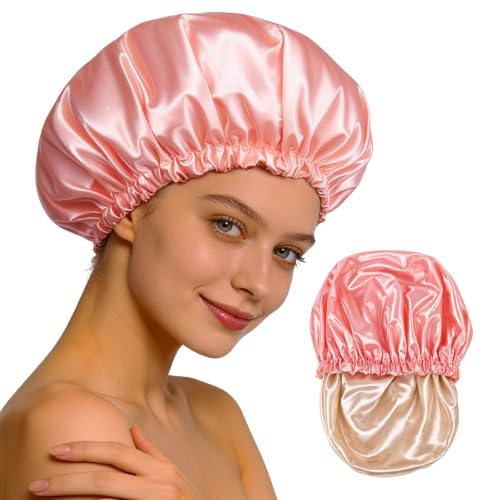 Reusable Double Layer Satin Lined Shower Cap Waterproof Bath Cap with Soft Satin Interior for Frizz Control Elastic Band for Most Head Sizes Ideal for Curly & Braided Hair Peach Pink