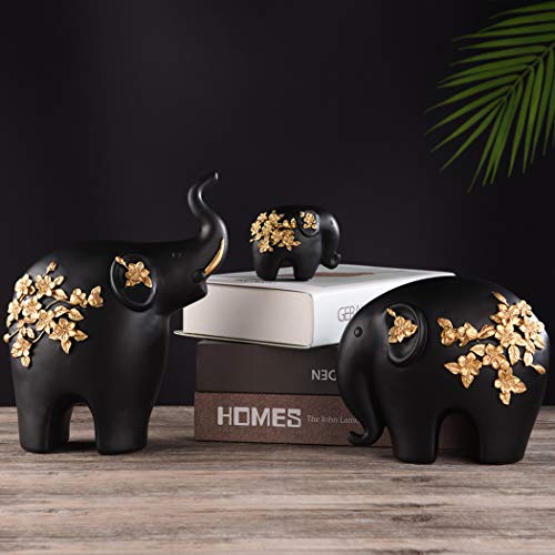 Brasstar Elephants Statue Black Resin Golden Flower Ornament Three Elephant Family Home Office Feng Shui Decor Gift Tqzdpt28 #TOP3