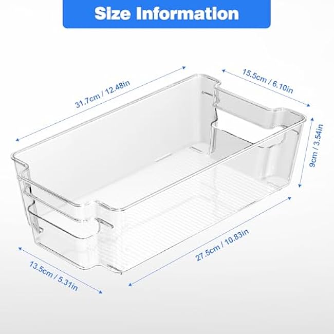 6 Pack Clear Refrigerator Storage Bins, Stackable Plastic Fridge Organizer Kitchen Pantry Storage Bins with Handles for Snacks, Freezer, Kitchen Cupboard, and Cabinet Organization