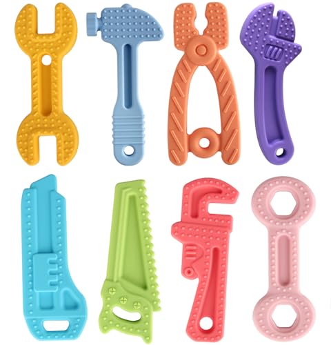 Image of Fu Store 8 Pack Soft Silicone Teething Toys for 0-12Months 6-24 Months Toddlers Infant Hammer Tools Shape Baby Teethers Relief Soothe Babies Gums Set
