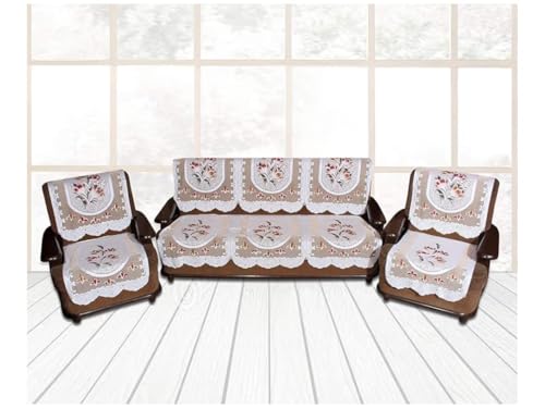 Image of Premium 3-Seater + 2 Single Seater Sofa Cover Set | Anti-Slip Cotton Blend Sofa Protector | Washable & Durability-Enhanced Fabric | Floral Design for Living Room Decor (Cream)