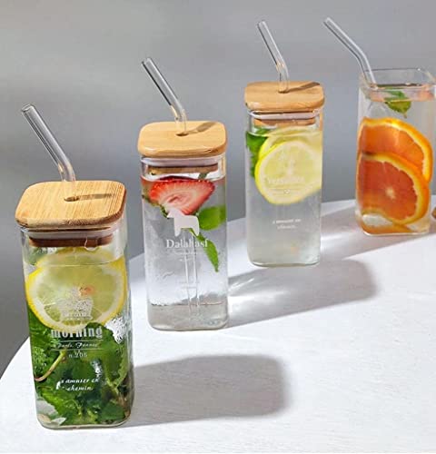 Image of ANKUL Glass Tumbler with Straw and Bamboo Lid 400ml, Glass Mason, Clear Coffee Mugs for Straw and Direct Drinking Mouth Dual Use, Travel Sipper Bottle (1, Square)