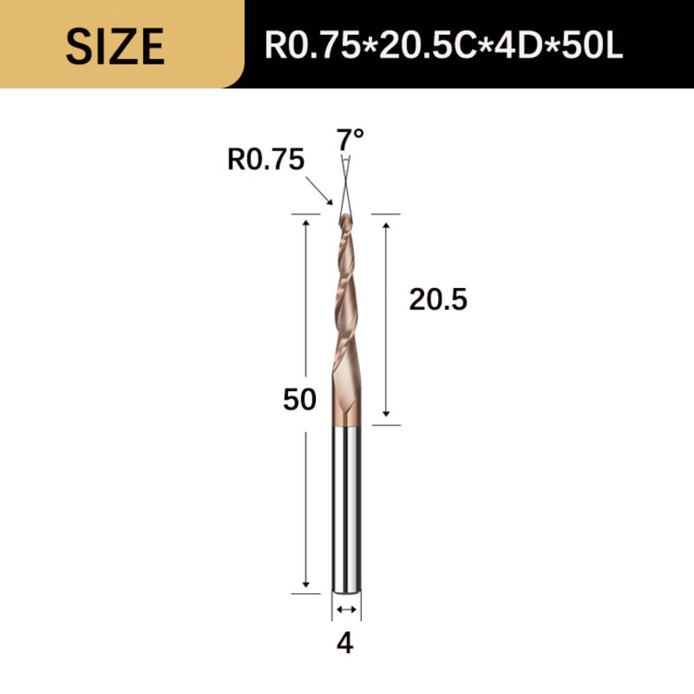 Frez stożkowy spiralny, frezy z końcówką kulistą 3,175/4/6 mm, frez z 2 rowkami z węglika wolframu do obróbki metalu i drewna, 1 szt.(R0.75x20.5Cx4Dx50L)