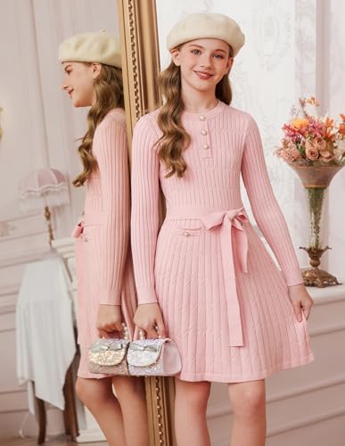 GRACE KARIN Girls Dress Fall Winter Sweater Long Sleeve Cable Knit Button Casual Dresses for Teen Girl 6-14Y3