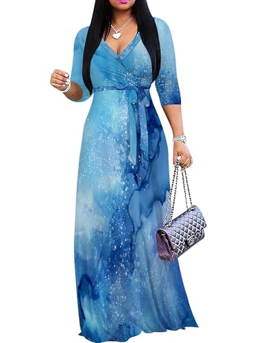 Image of Plus Size Dresses for Women Print Maxi Dresses 3 /4 Sleeve with Belt