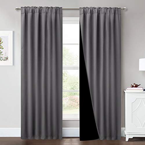 NICETOWN Grey Full Shade Curtain Panels, Pair of Energy Smart & Noise Blocking Out Blackout Drapes for Sliding Glass Door, Thermal Insulated Guest Roo