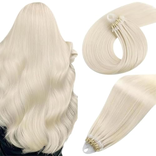Image of Easyouth Micro Beads Hair Extensions Blonde, Cold Fusion Hair Extensions | Microlink Hair Extensions Human Hair White Blonde 14 Inch 57g 50s, Invisible, for Girls, Micro Ring Hair Extension Human Hair