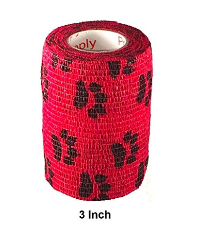 Fita adesiva adesiva veterinária (vermelha com impressões de patas) (pacote com 2) (5 cm x 4,6 m) au