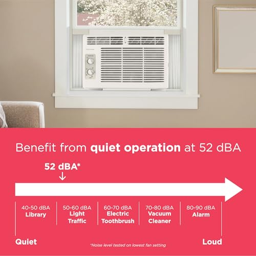 Frigidaire 5,000 BTU Window-Mounted Air Conditioner, Cools Up to 150 Sq. Ft., Quiet Operation, Effortless Temperature Control, 2 Fan Speeds, Auto Restart, White