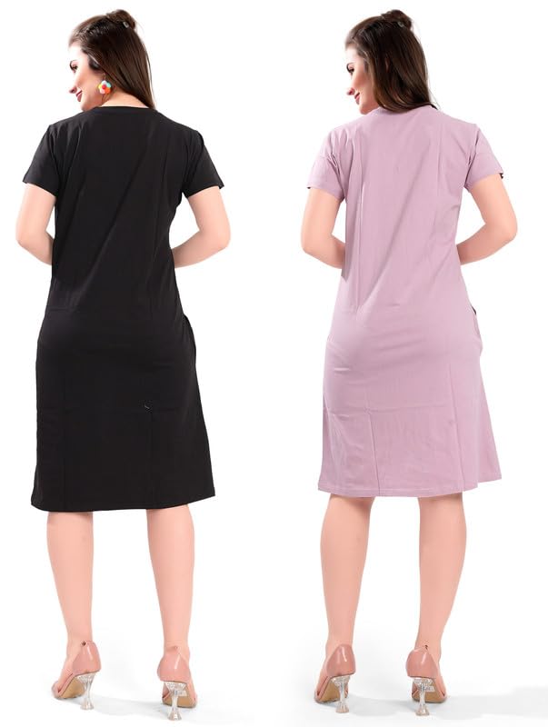 Image of Printed Knee Length Pocket Night Dresses for Women | Cat Lover | Premium Soft Cotton Nighty | Blue and Maroon