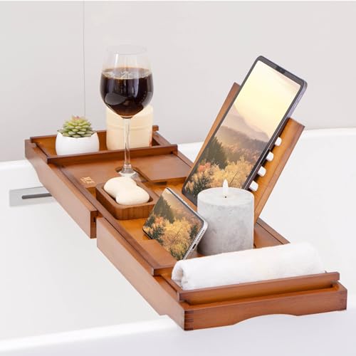 XcE Bathtub Caddy Tray (Brown)- Bamboo Wood Bath Tray and Bath Caddy for a Home Spa Experience