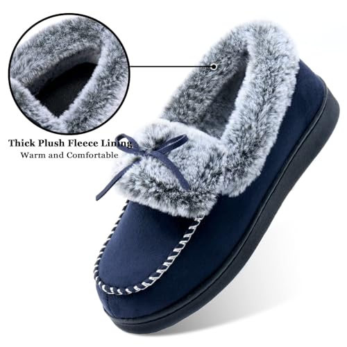 Image of DL Womens Fuzzy Warm Moccasin Slippers Memory Foam, Soft Fluffy Women's Winter House Slipper Closed Back Fur Lined, Cozy Ladies Suede Indoor Bedroom Houseshoes Non-Slip