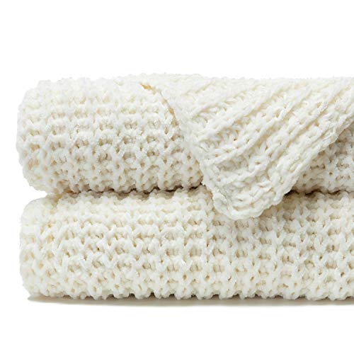 Chanasya Knit Chenille Throw Blanket - Soft, Plush Decorative Throw Blanket - 50" X 65” - Pearl #TOP4