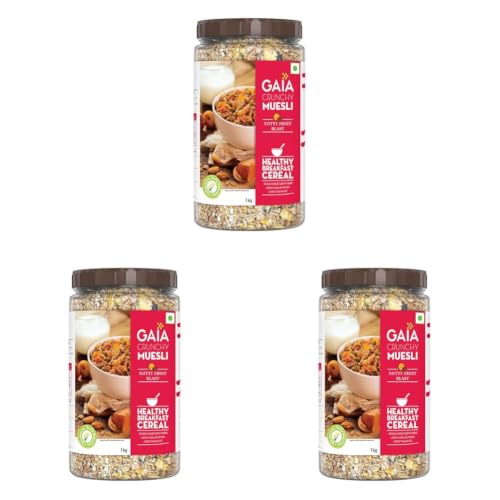 Image of GAIA Nutty Fruit Blast Crunchy Muesli 1 kg jar - Blend of Multigrains, Nuts, Oats and Cornflakes The Ultimate Healthy and Delicious Breakfast Cereals. (Pack of 3)