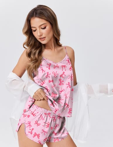 Image of Ekouaer Silk Pajamas for Women Satin Cami V Neck Camisole Shorts Pjs Set | Adjustable Strap Sleepwear Lingerie Sets for Women for Wedding, Party, Home, Daily Wear, Honeymoon