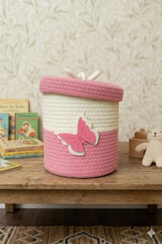 Image of Jute Basket For Storage Cotton Rope Toys Basket With Lid Handwoven Natural Foldable Laundry Hamper for Home, Office, Living Room Size 10x10 inch (pink butterfly)