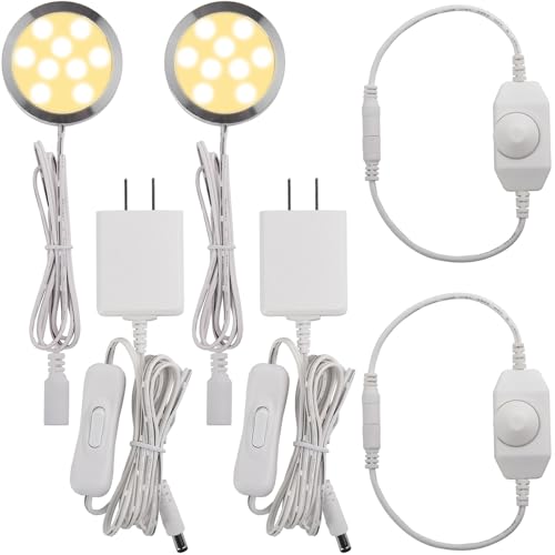 Image of Under Cabinet Light 2.5 inch, Single LED Puck Light for Kitchen Counter Collection Display Lighting, Dimmer Switch, 120VAC Plug in, White Cord, 2 Packs, Warm White