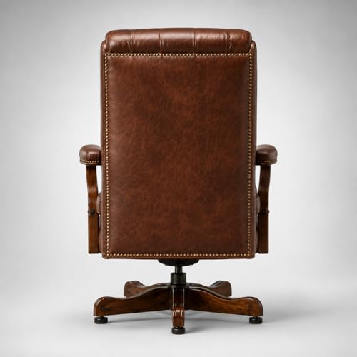 Image of LAKDI Furniture Premium Genuine Leather Executive Office Chair with Tufted High Back, Wooden Arms & Swivel Base | Ergonomic CEO Boss Chair for Home & Office | 5 Year Warranty | Free Assembly